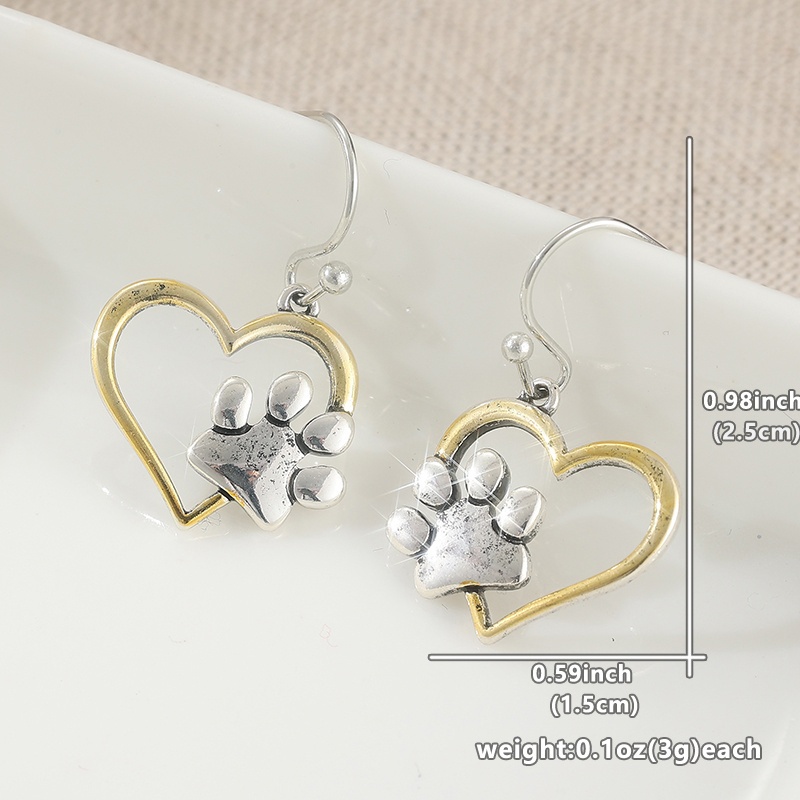 Two Tone Heart-shaped Paw Print Earrings, Copper Anti-Allergy